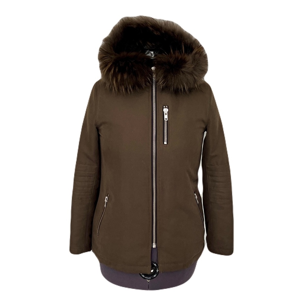 Anthropologie Doma Green Plush Lined Moto Jacket with Fur Trimmed Hood, Size XS